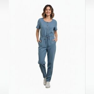 AJS DENIMWEAR 100% Cotton Denim Jumpsuit Relaxed Fit Elastic Waist Straight Leg